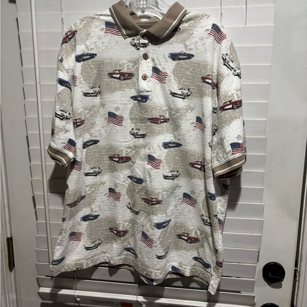 Classic Beige Polo Shirt with Car and Flag Pattern